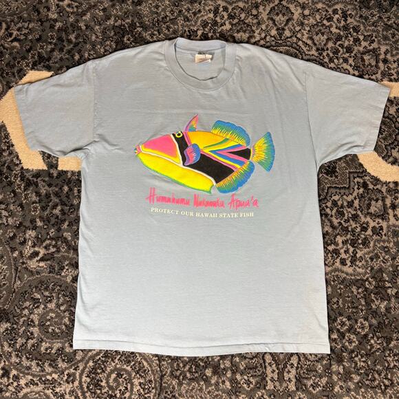 Vintage 90s Puff Print T-shirt Hawaiian Fish Humuhumu Nukunuku Apua’a Sz XL - Picture 1 of 4